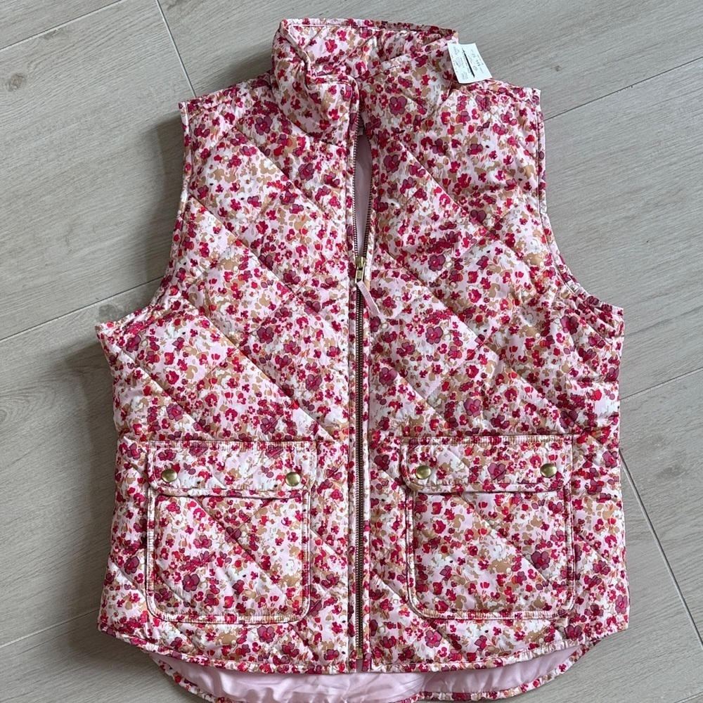 NWT J Crew Floral Pink Puffer Vest sz m